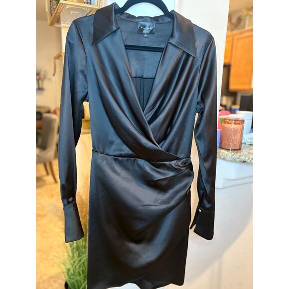 Line & Dot Black Satin Mini Dress Long Sleeve Size M 4-8 - Picture 2 of 7